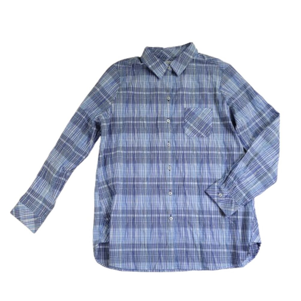 Foxcroft Germaine Blue Plaid No Iron Button Down Shirt Womens 14